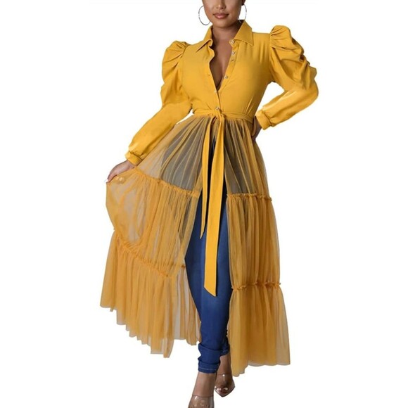 Ekaliy Sexy Long Sleeve High Low Dress Women 2XL Yellow Asymmetrical Ruffle - Picture 1 of 10